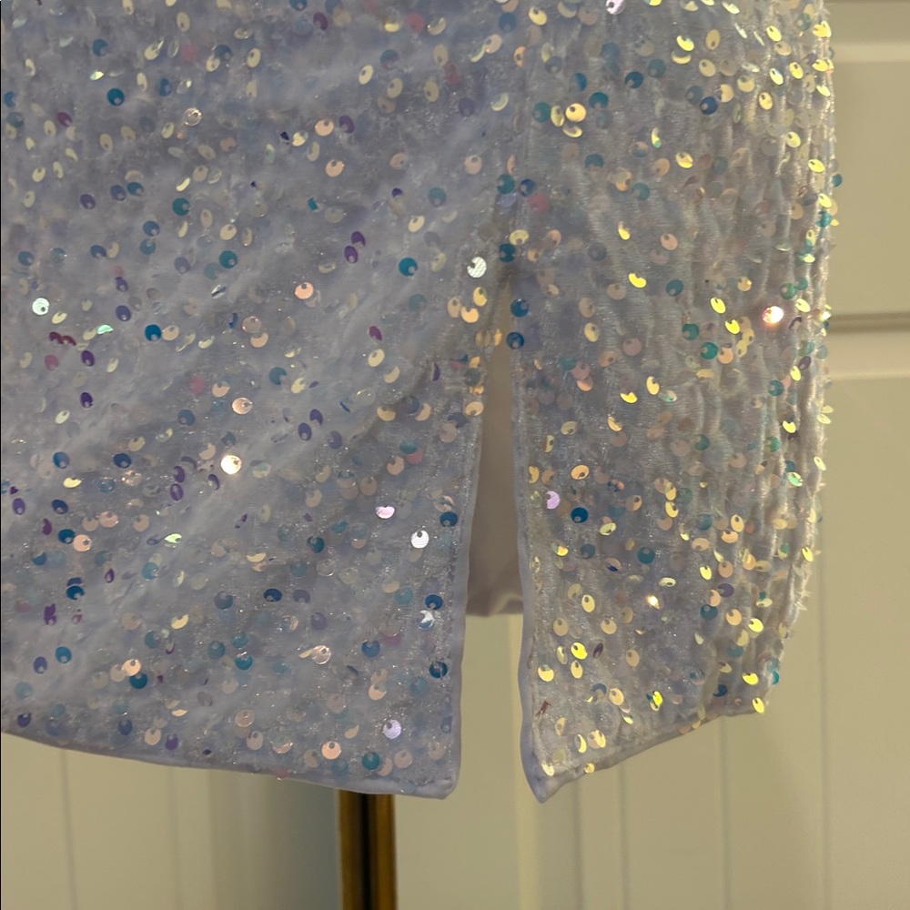White Sequin Mini Dress Sleeveless Plunging V-Neck Mesh Yoke Back Lace Ties M - Picture 10 of 15